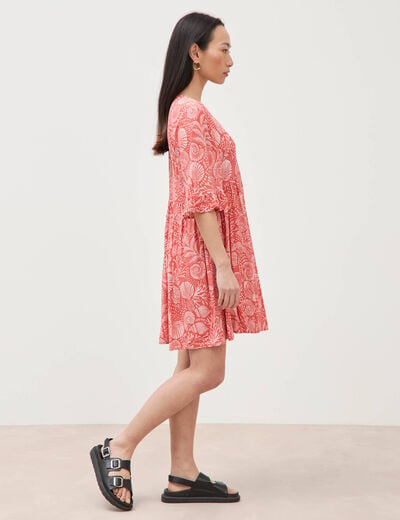 Robe col v manches au coude orange corail femme