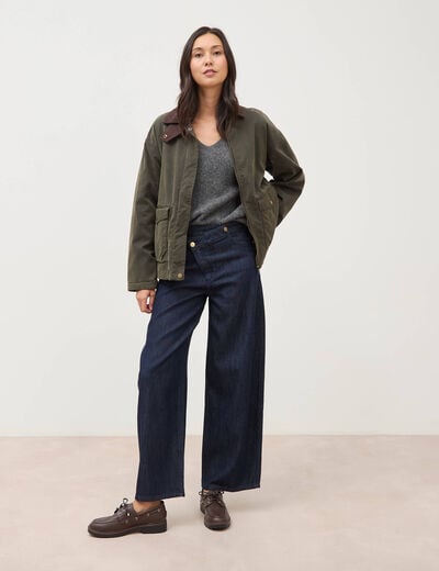 Parka oversize courte col classique vert kaki femme