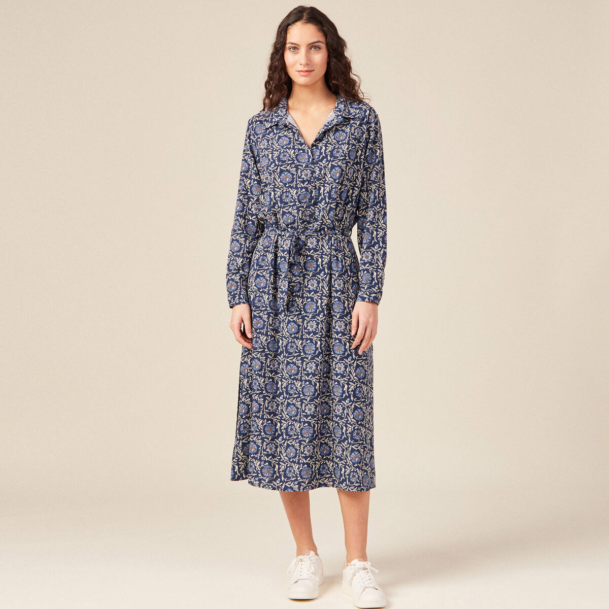 Robe longue droite manches longues bleu femme