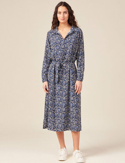 Robe longue droite manches longues bleu femme