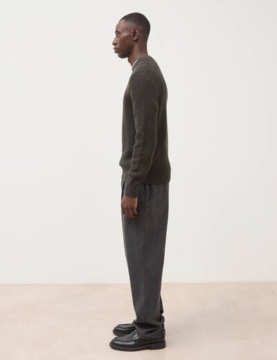 Pull col rond manches longues en coton vert kaki homme