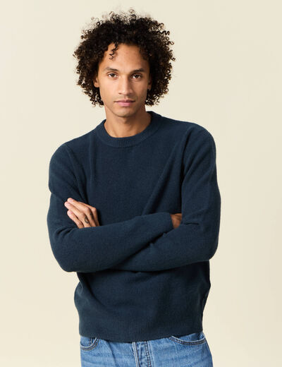 Pull manches longues col rond bleu marine homme