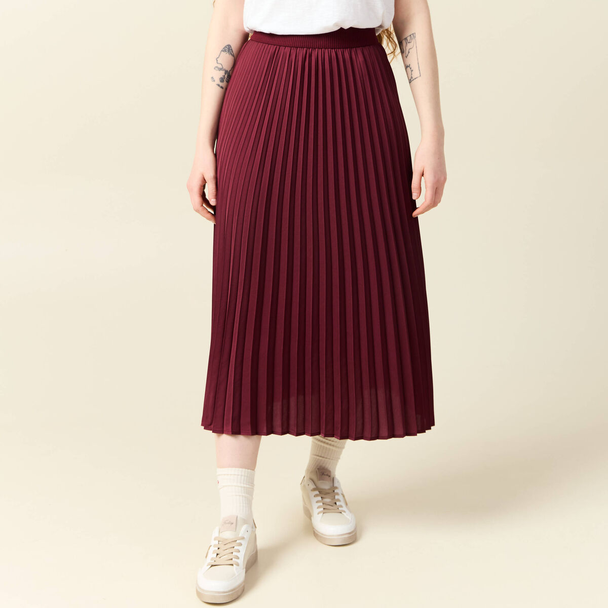 Jupe longue droite plissée bordeaux femme