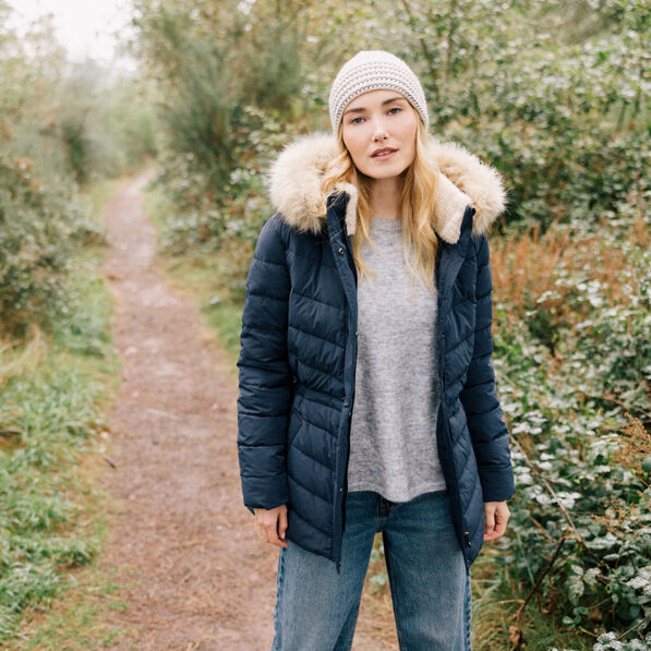 Doudoune à capuche fourrure bleu foncé femme