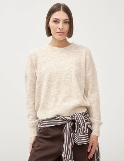 Pull droit manches longues col rond creme femme