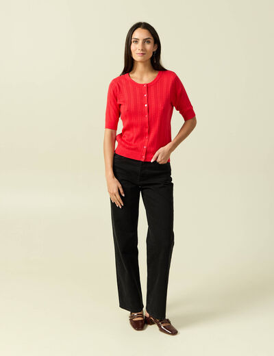 Gilet manches coude col rond rouge fonc&eacute; femme