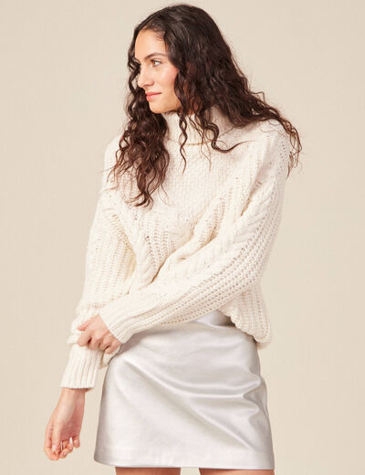 Pull manches longues col roulé ecru femme