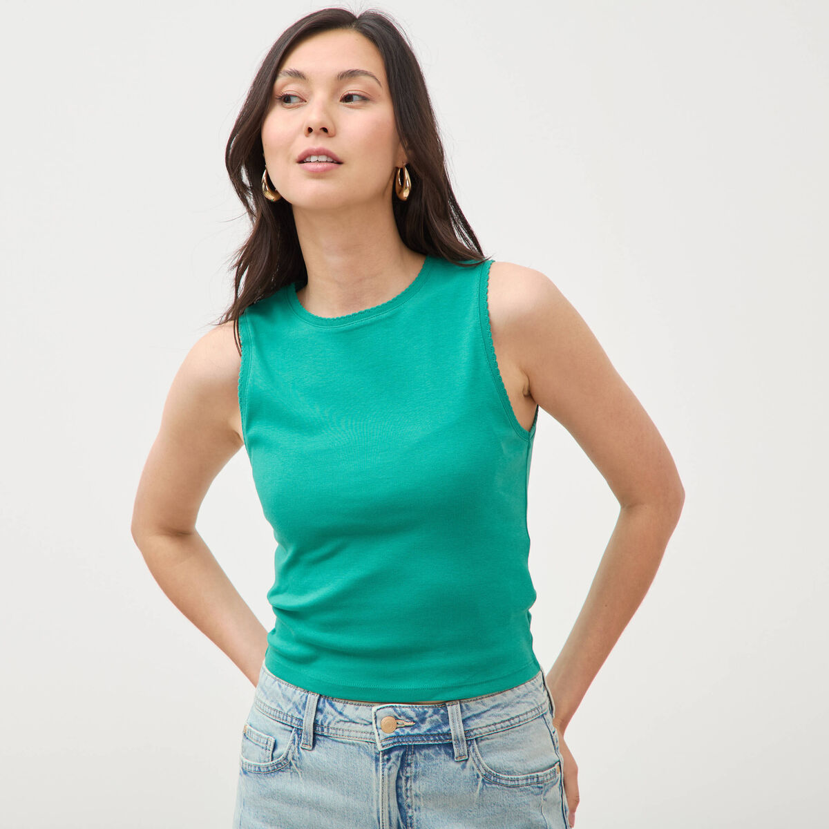 D&eacute;bardeur ajust&eacute; col rond en coton vert femme