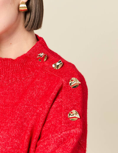 Pull col montant manches longues rouge femme