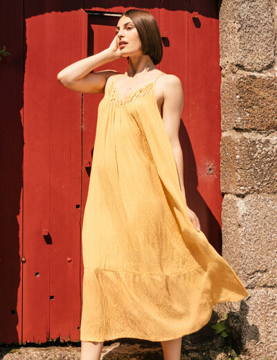 Robe longue évasée fluide jaune femme