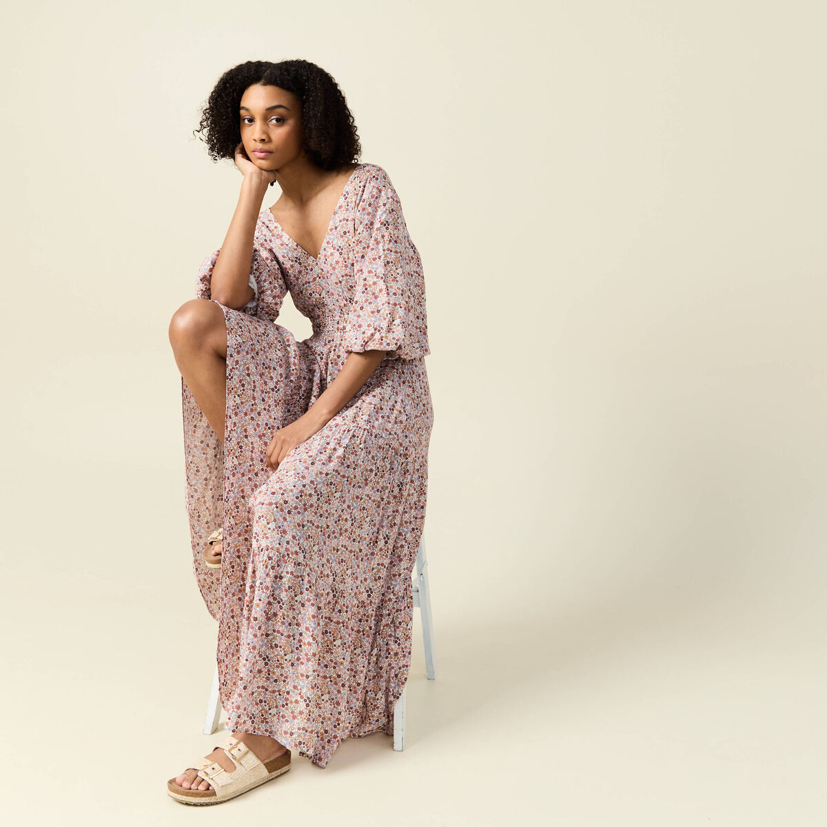 Robe longue évasée ivoire femme