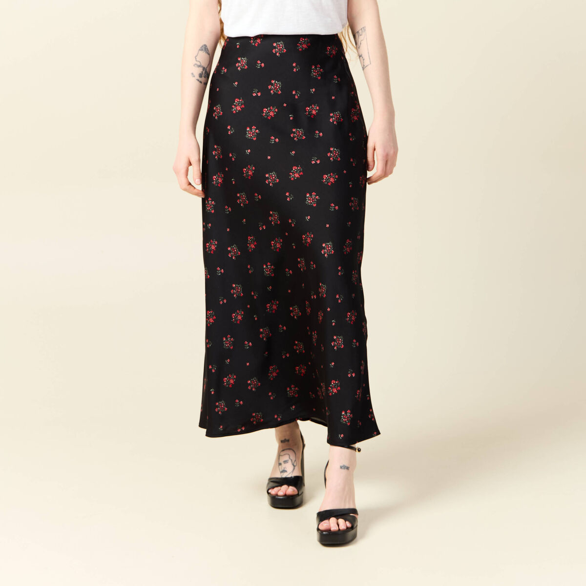 Jupe longue droite satin noir femme