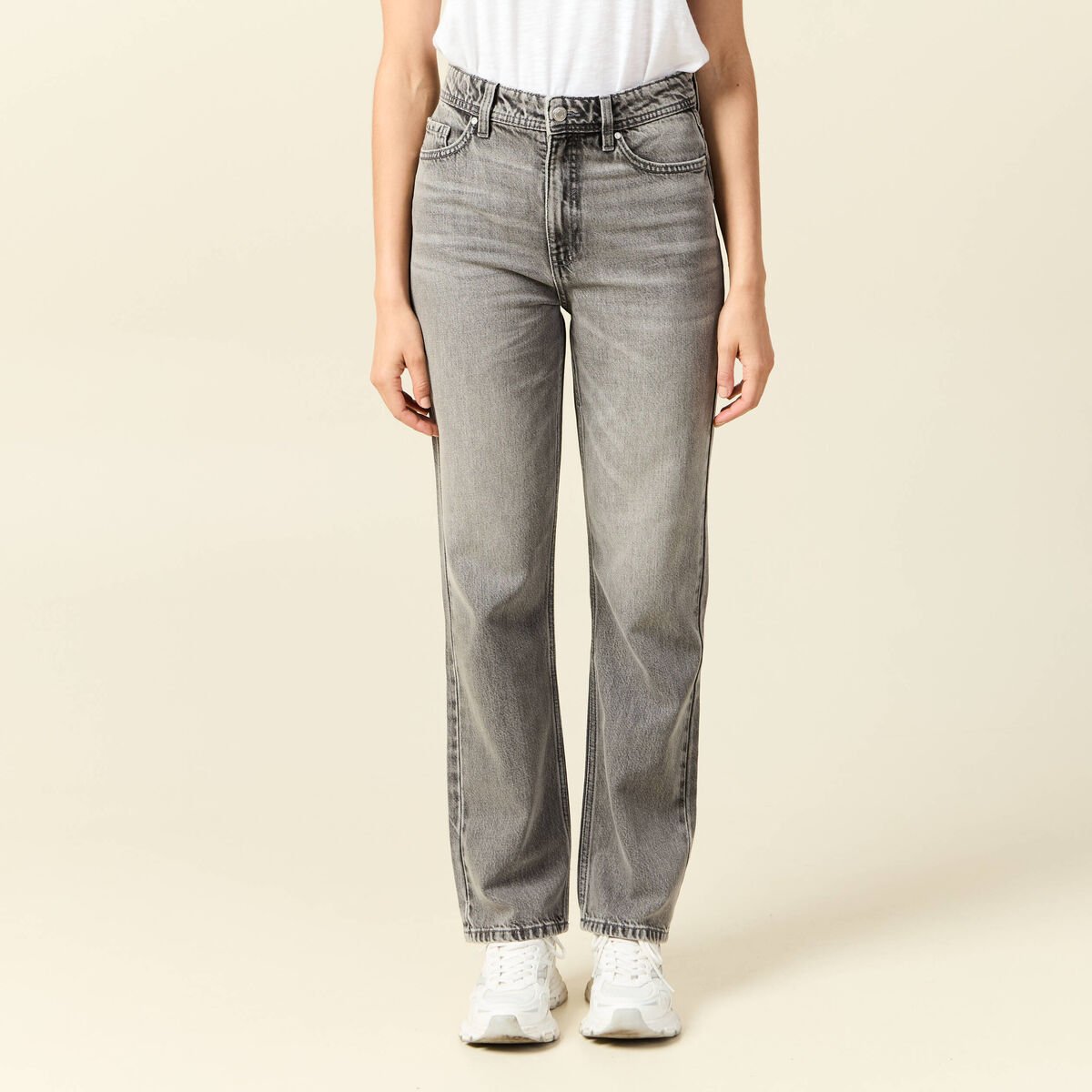 Jeans straight taille haute 7/8ème denim gris clair femme