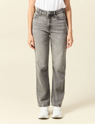 Jeans straight taille haute 7/8ème denim gris clair femme