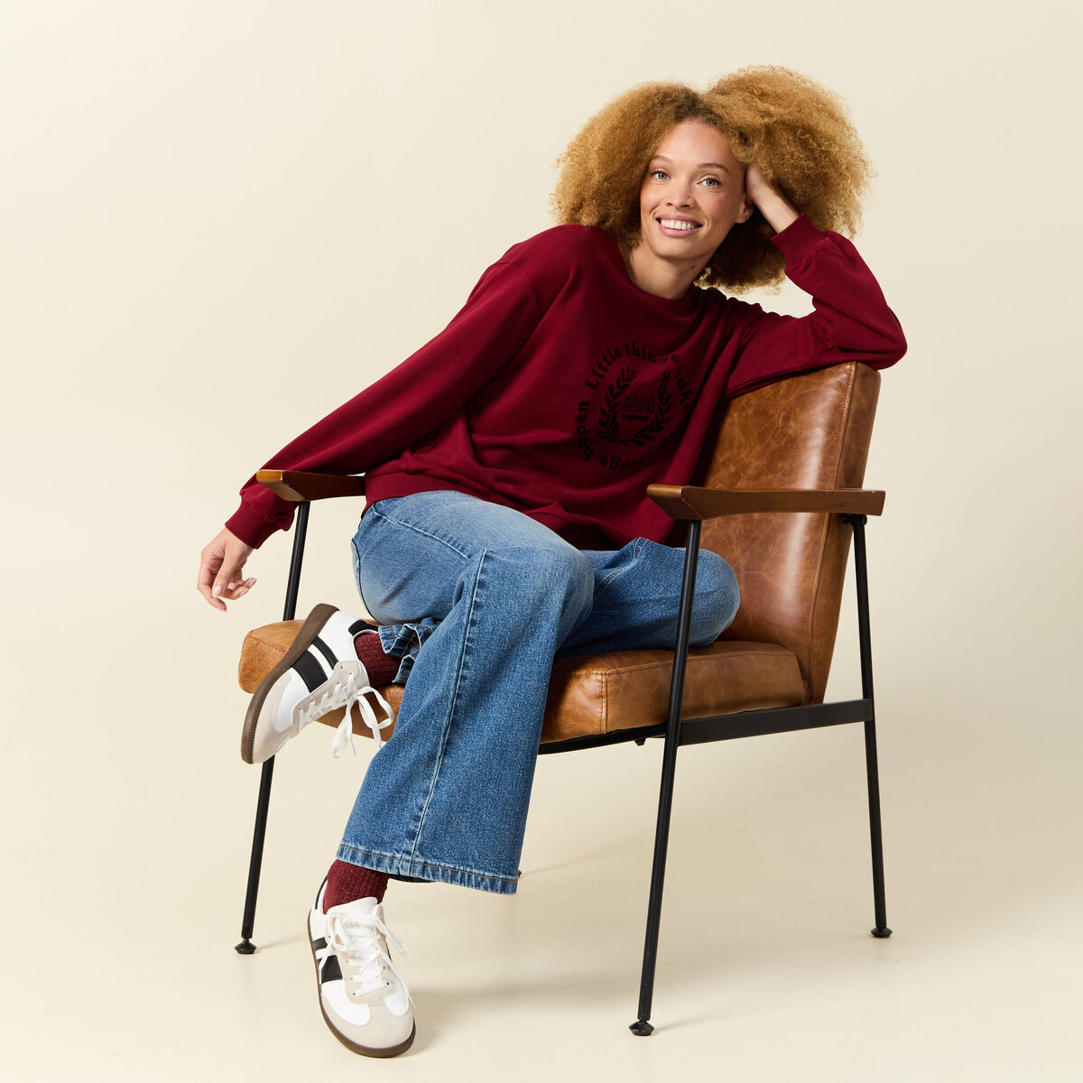 Sweat col rond manches longues rouge femme