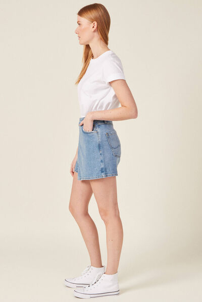 Jupe-short droite en jean denim bleach femme