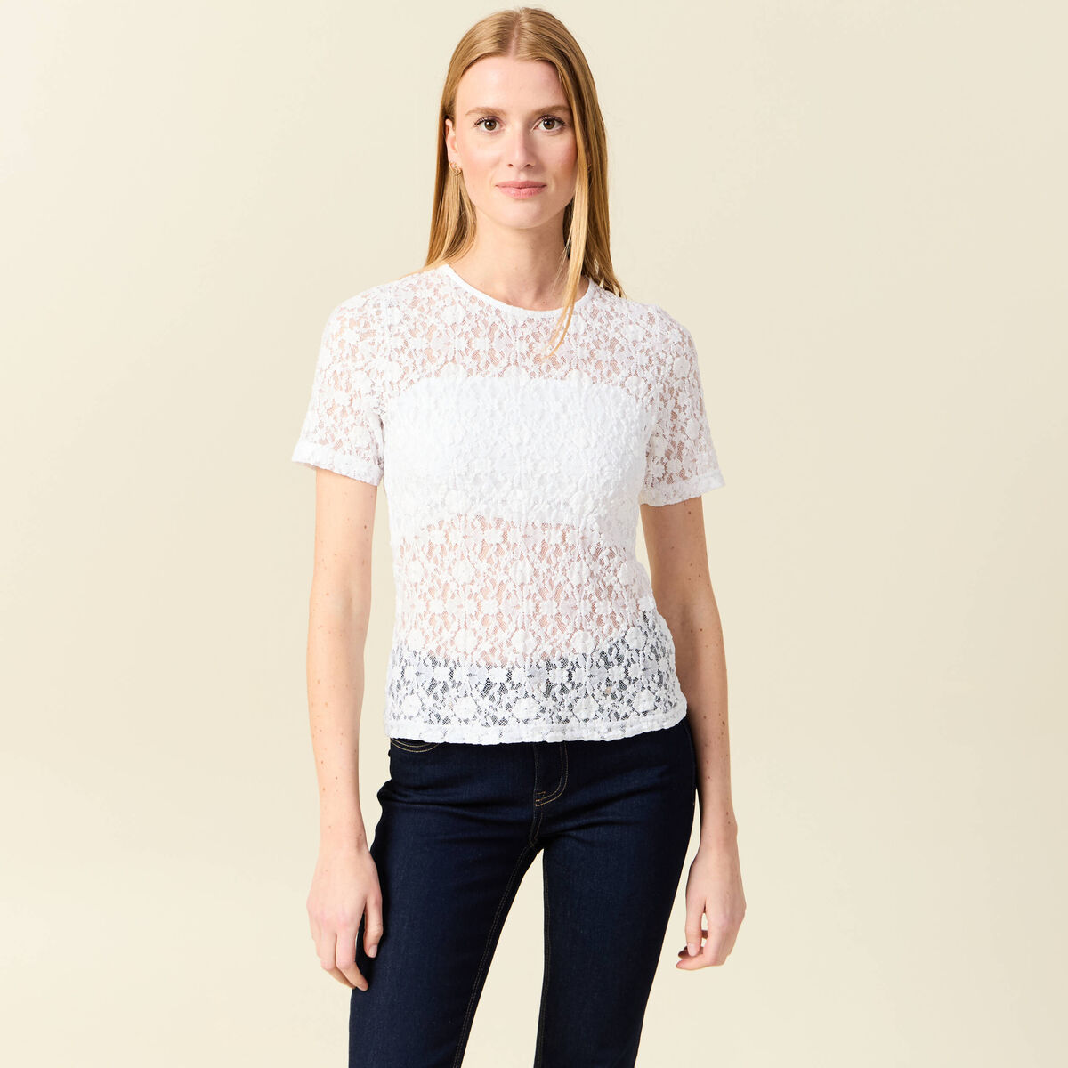 T-shirt cintré col rond dentelle blanc femme