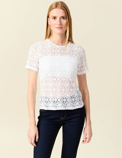 T-shirt cintré col rond dentelle blanc femme