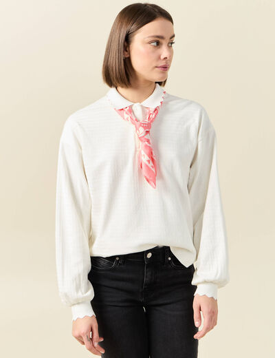 Sweat manches longues col polo ecru femme