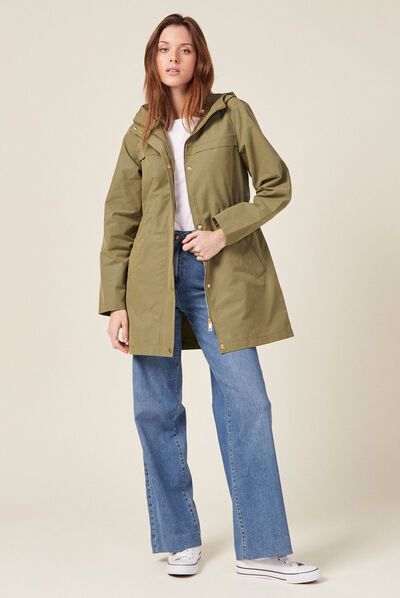 Parka à capuche déperlante vert kaki femme