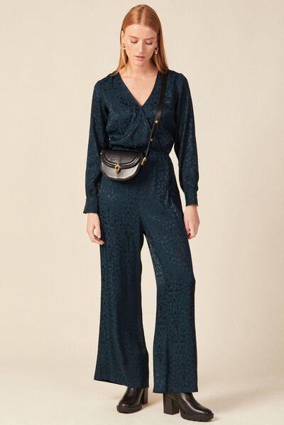 Combinaison pantalon satin bleu canard femme