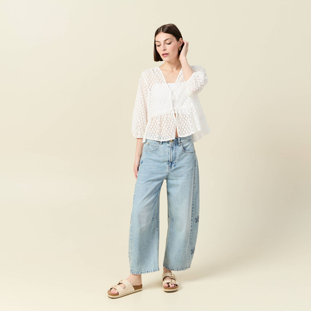 Chemise cintrée courte manches 3/4 ecru femme