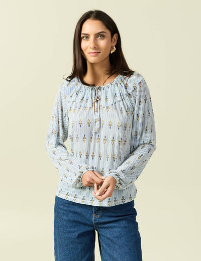 Blouse col rond manches longues bleu ciel femme
