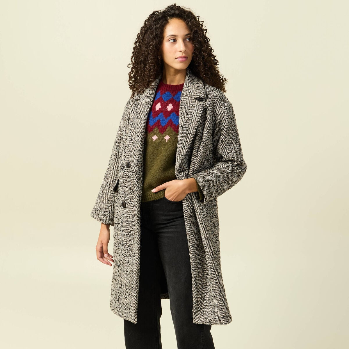 Manteau long oversize col montant gris fonc&eacute; femme