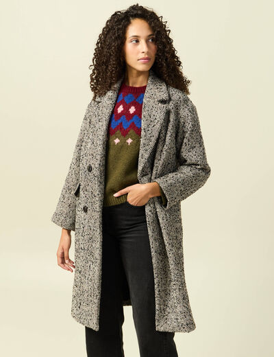 Manteau long oversize col montant gris fonc&eacute; femme
