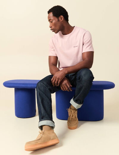 T-shirt col rond manches courtes brod&eacute; rose pastel homme