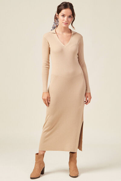 Robe pull longue moulante beige femme