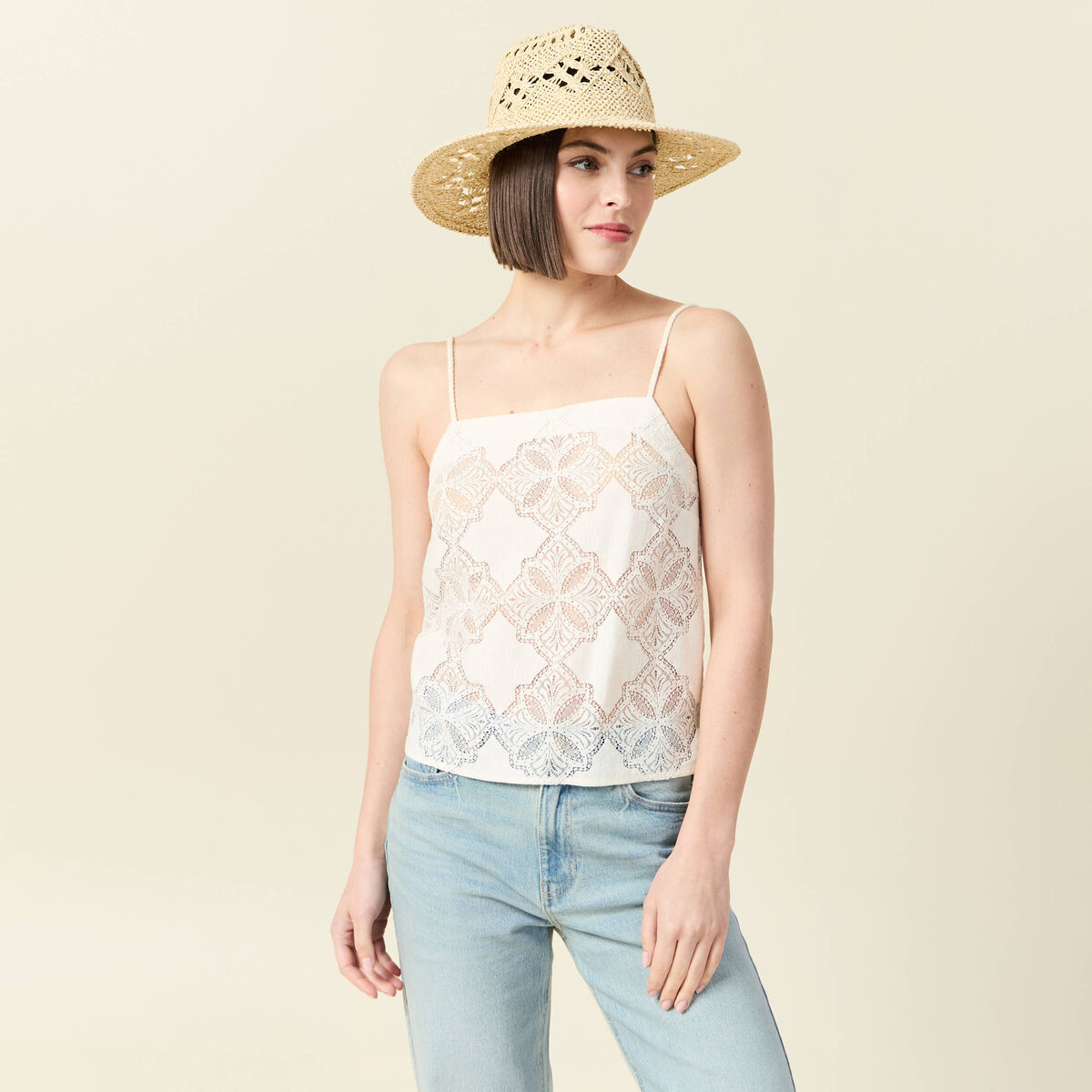 Débardeur droit court col carré dentelle ecru femme