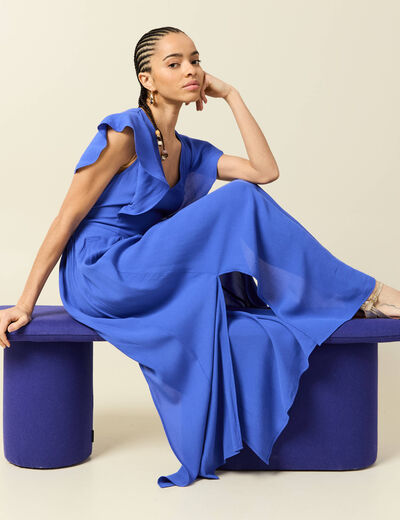 Robe fluide col v manches courtes bleu electrique femme
