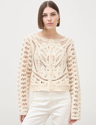 Cardigan droit court manches longues ecru femme