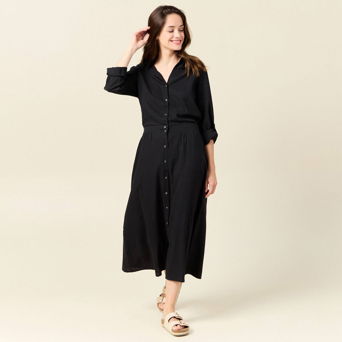 Robe droite manches longues 3/4 noir femme
