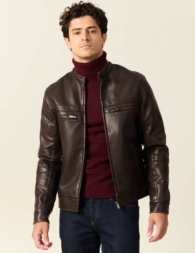 Blouson simili cuir marron foncé homme