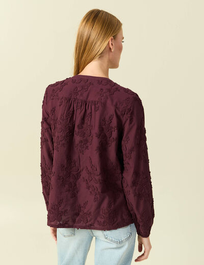 Chemise col rond manches longues brod&eacute;e prune femme