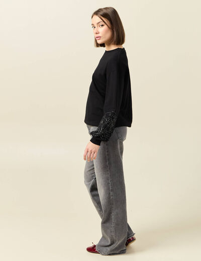 Sweat manches longues brodées noir femme