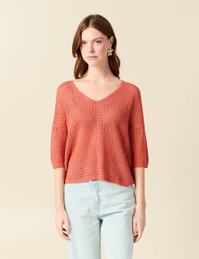 Pull ajour&eacute; col v manches 3/4 rouge fonc&eacute; femme