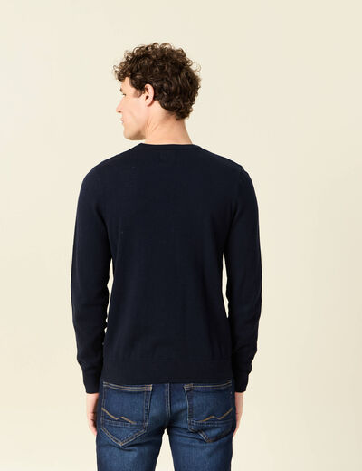 Pull col rond manches longues en coton bleu fonc&eacute; homme