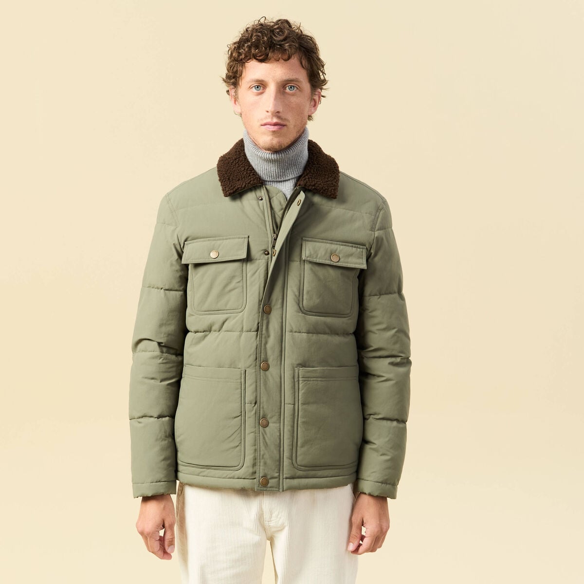 Doudoune droite mi-longue vert kaki homme