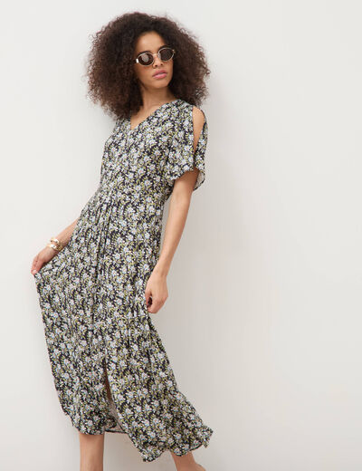 Robe fluide col v manches courtes noir femme