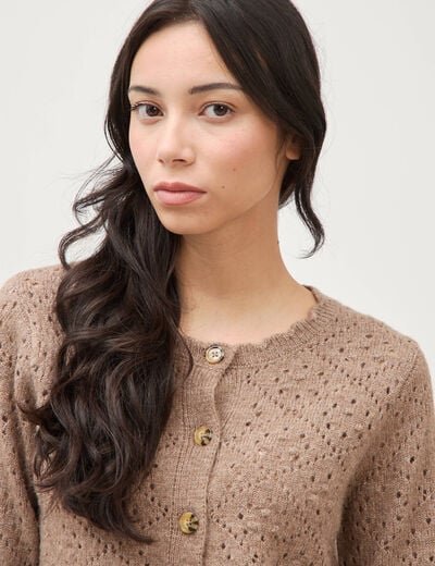 Gilet manches longues col rond taupe femme