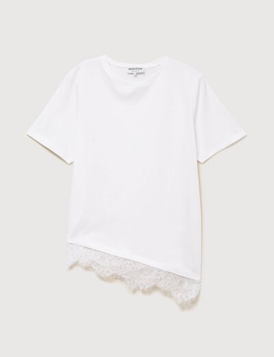 T-shirt droit col rond avec dentelle ecru femme
