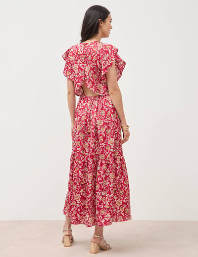 Robe fluide col v manches courtes rouge cerise femme