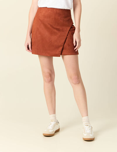 Jupe droite suédine marron cognac femme