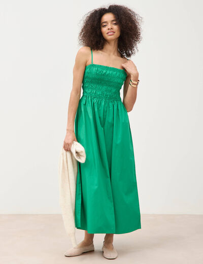 Robe bretelles col carr&eacute; en coton vert femme