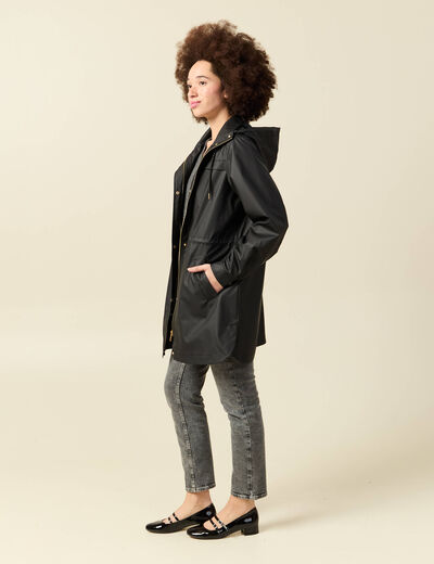 Parka longue droite d&eacute;perlante &agrave; capuche noir femme