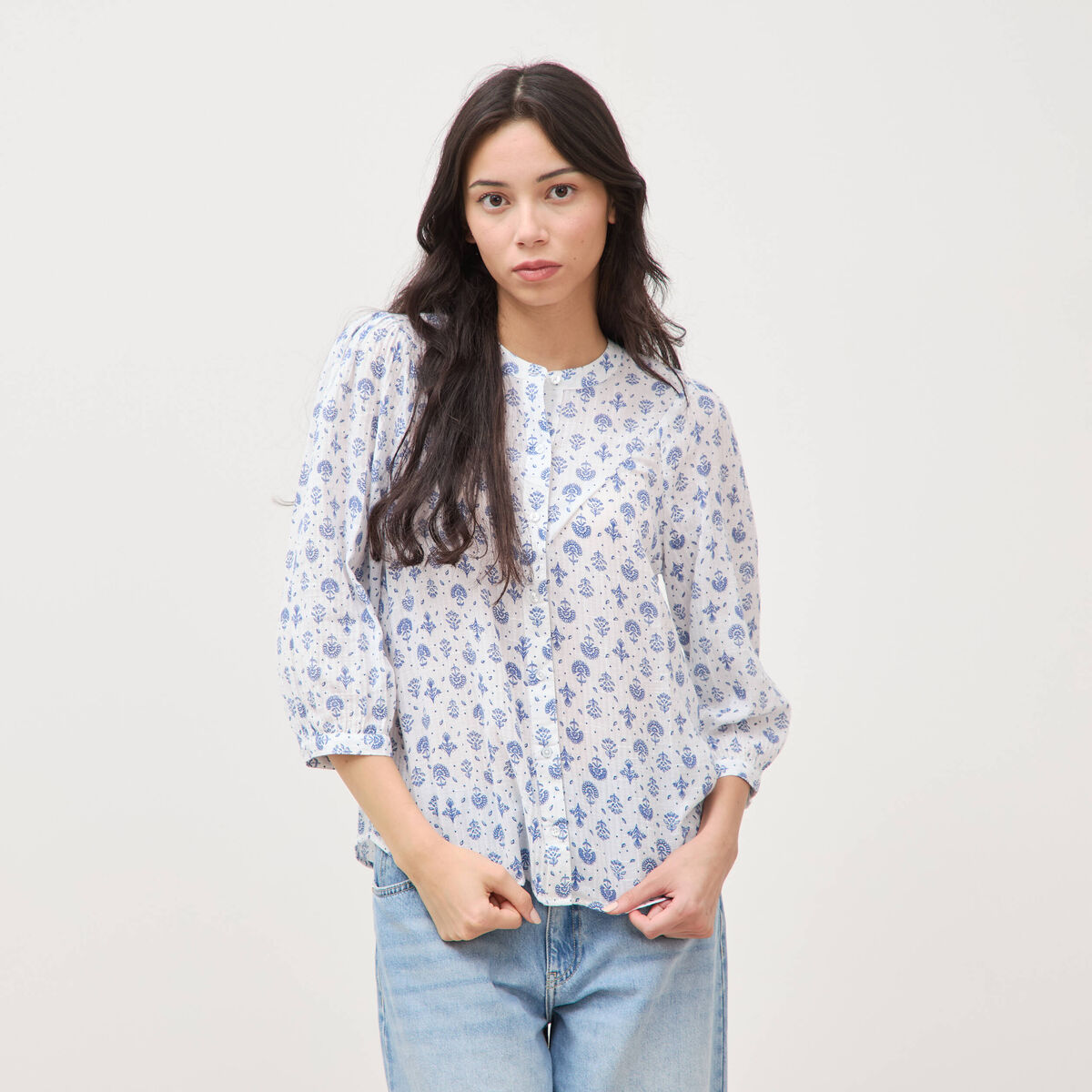 Chemise &agrave; manches longues bleu femme