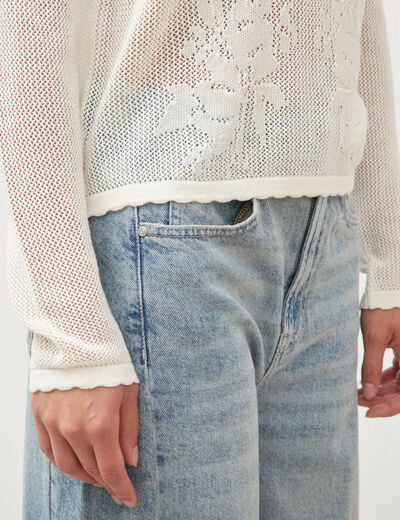 Pull ajour&eacute; col rond manches longues ecru femme